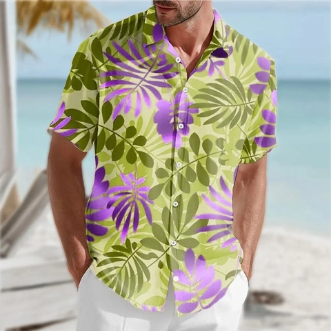 Herren Tropen Print Kurzarm Hemd Polyester Slim Fit Strandurlaub Button Down Lässig Floral Grafik Revershemd
