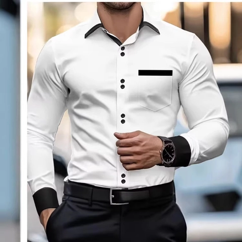 Men's Business Casual Long Sleeve Shirt Contrast Color Splicing Slim Fit Work Top White Khaki Blue Polyester Shirt