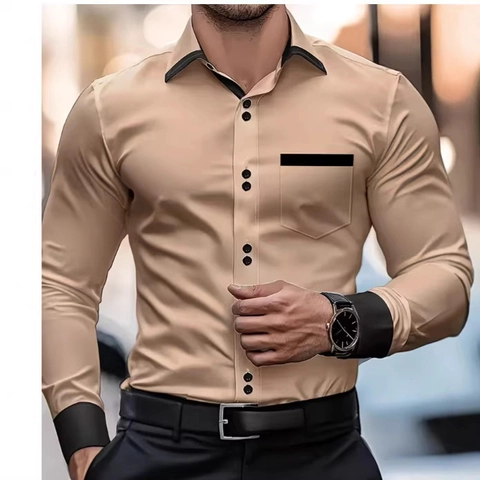Men's Business Casual Long Sleeve Shirt Contrast Color Splicing Slim Fit Work Top White Khaki Blue Polyester Shirt