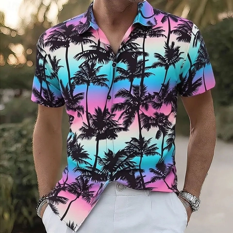 Men Hawaiian Shirt 3D Digital Print Tropical Palm Tree Gradient Short Sleeve Beach Resort Casual Button Up Polyester Shirt