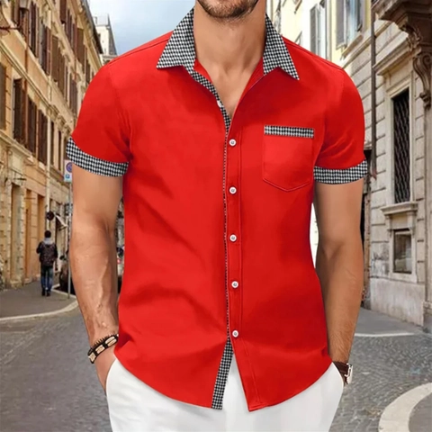 Camicia Casual da Uomo a Manica Corta Patchwork Pied-de-Poule Revers Bottoni Top Estivo con Taschino