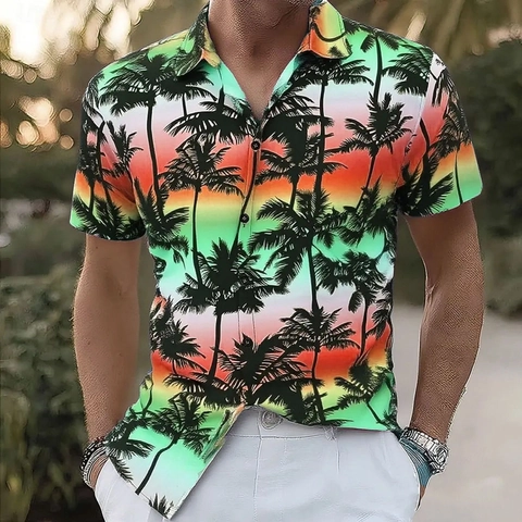 Men Hawaiian Shirt 3D Digital Print Tropical Palm Tree Gradient Short Sleeve Beach Resort Casual Button Up Polyester Shirt