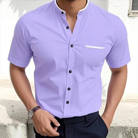 Herren Casual Stehkragen Hemd Kurzarm Knopfleiste Atmungsaktives Polyester Oberteil Mit Kontrastpaspel Tasche Sommer Mode Für Herren