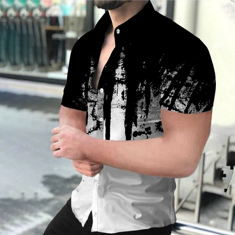 Herren Casual Kurzarm Hemd 3D Abstrakt Tintenspritzer Druck Geknöpft Umlegekragen Sommer Streetwear Tops