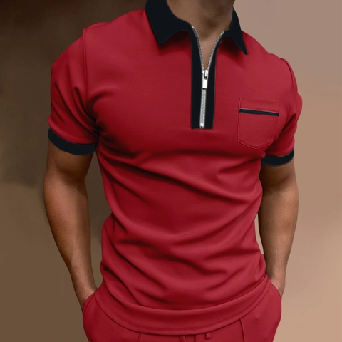 Polo da Uomo Casual a Manica Corta Con Tasca e Cerniera Colletto a Contrasto Traspirante Top Estivo in Poliestere
