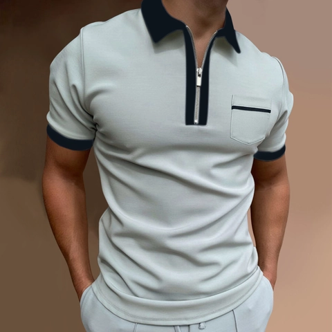 Polo da Uomo Casual a Manica Corta Con Tasca e Cerniera Colletto a Contrasto Traspirante Top Estivo in Poliestere