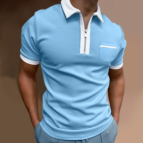 Herren Casual Kurzarm Polohemd Farbblock Revers Halber Reißverschluss Baumwollmischung Sommer Tops Business Mode T-Shirt Kleidung