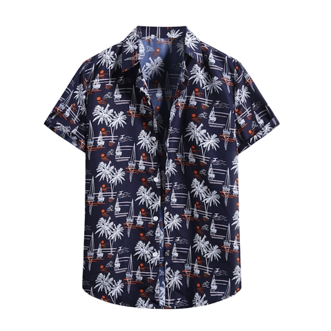 Men Casual Short Sleeve Summer Hawaiian Shirt 3D Digital Print Turn Down Collar Button Up Vacation Beach Top