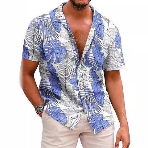 Men Hawaiian Short Sleeve Shirt Polyester Tropical Floral Palm Leaf Print Lapel Button Down Vacation Beach Casual Top