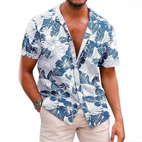 Men Hawaiian Short Sleeve Shirt Polyester Tropical Floral Palm Leaf Print Lapel Button Down Vacation Beach Casual Top