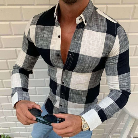Men's Casual Plaid Long Sleeve Shirt Loose Fit Turn-Down Collar Button Down Linen Fashion Streetwear Top