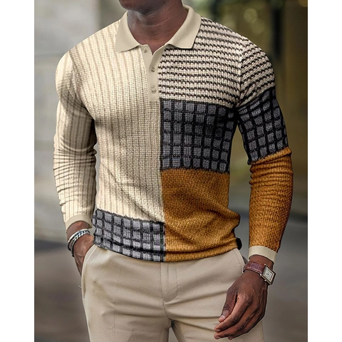 Ανδρικό Casual Μακρυμάνικο Polo Shirt Τρισδιάστατο Γεωμετρικό Τυπωτό Πέτο Λαιμός με Κουμπιά Πολυεστερική Μπλούζα Μόδα