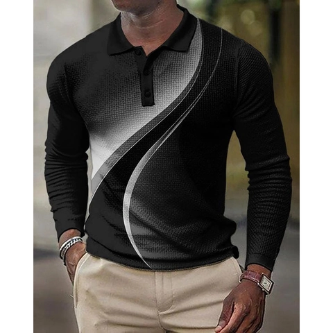 Ανδρικό Casual Μακρυμάνικο Polo Shirt Τρισδιάστατο Γεωμετρικό Τυπωτό Πέτο Λαιμός με Κουμπιά Πολυεστερική Μπλούζα Μόδα