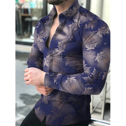Camicia da Uomo Casual Slim Fit a Manica Lunga Moda con Stampa a Foglia di Acero Colletto a Punta Bottone per Primavera Autunno