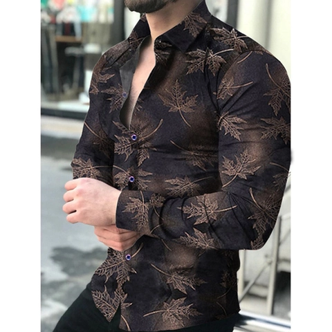 Camicia da Uomo Casual Slim Fit a Manica Lunga Moda con Stampa a Foglia di Acero Colletto a Punta Bottone per Primavera Autunno