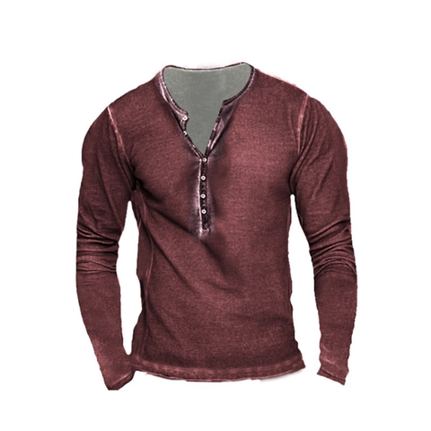 Men Retro Washed Henley Shirt Long Sleeve Casual Graphic Digital Printed Polyester T-Shirt Vintage Faded Fashion Top