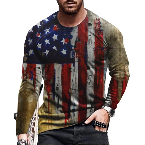 Herren Streetwear Langarm T-Shirt US Flagge Digitaldruck Rundhals Slim Pullover Tarnung Galaxie Muster Lässig Sportlich Top