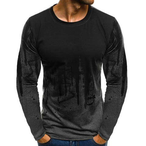 Men's Casual Camouflage Printed Long Sleeve T-Shirt Gradient Inkjet Sportswear Round Neck Cotton Blend Loose Top