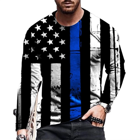 Herren Streetwear Langarm T-Shirt US Flagge Digitaldruck Rundhals Slim Pullover Tarnung Galaxie Muster Lässig Sportlich Top