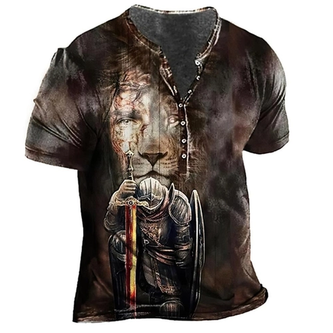 Herren Vintage Henley Shirt Kurzarm 3D Ritter Pirat Weltkarte Bedruckt Casual Slim Fit Knopf Sommer T-Shirt Top
