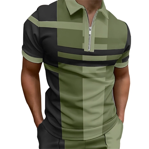 Herren Casual Kurzarm Polo-Shirt Geometrisches Farbblock Patchwork Reißverschluss Revers Sommer Sportlich Atmungsaktives Top