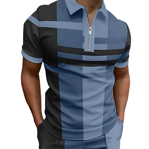 Herren Casual Kurzarm Polo-Shirt Geometrisches Farbblock Patchwork Reißverschluss Revers Sommer Sportlich Atmungsaktives Top