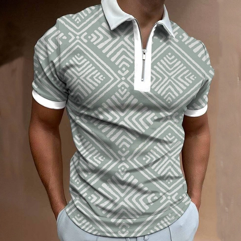 Polo da Uomo con Stampa 3D Mezza Zip Rever Manica Corta Casual Motivo Geometrico a Rombi Top Estivo alla Moda da Uomo