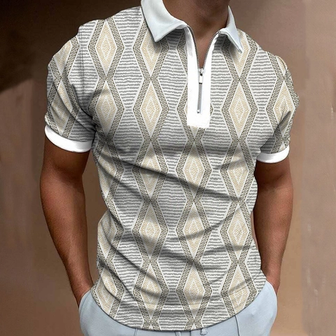 Polo da Uomo con Stampa 3D Mezza Zip Rever Manica Corta Casual Motivo Geometrico a Rombi Top Estivo alla Moda da Uomo