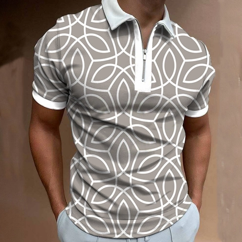 Men's Short Sleeve Zipper Lapel Polo Shirt 3D Digital Geometric Print Breathable Casual Sport Top For Men Summer Modern Top