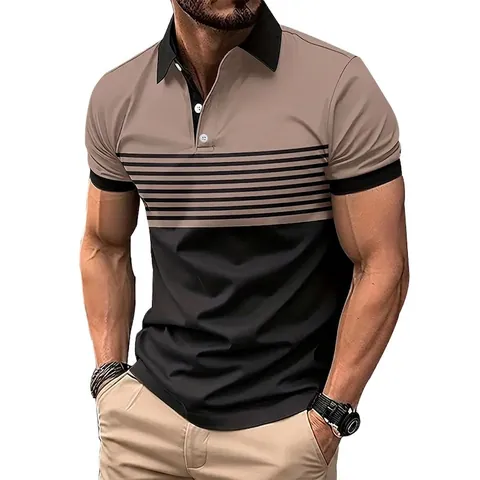 Polo da Uomo Casual a Maniche Corte Design a Righe Color Block Colletto a Contrasto Slim Fit Traspirante Top Estivo