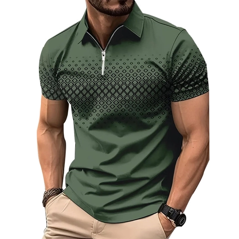 Polo de Manga Corta para Hombre con Estampado Geométrico de Diamantes Verano Cuello con Cremallera Transpirable Ajustado Moda Urbana Casual