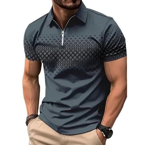Polo de Manga Corta para Hombre con Estampado Geométrico de Diamantes Verano Cuello con Cremallera Transpirable Ajustado Moda Urbana Casual