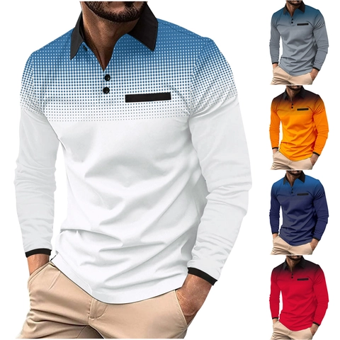 Men's Casual Long Sleeve Polo Shirt Gradient Dotted Print Contrast Collar Breathable Loose Top Sporty Spring Autumn Outfits