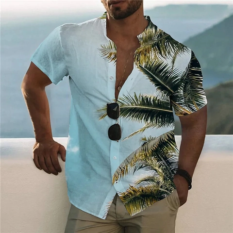 Men's Casual Tropical Print Short Sleeve Shirt Summer Turn Down Collar Single Breasted Loose Button Up Hawaiian Shirt