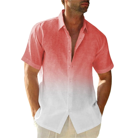 Men Casual Hawaiian Short Sleeve Shirt 4-Way Stretch Gradient Digital Print Lapel Button Down Beach Holiday Festive Shirt