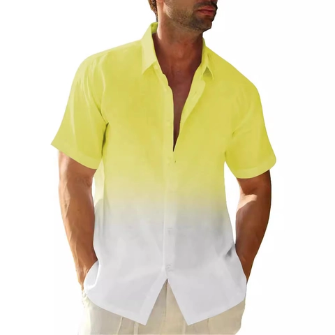 Men Casual Hawaiian Short Sleeve Shirt 4-Way Stretch Gradient Digital Print Lapel Button Down Beach Holiday Festive Shirt