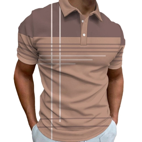 Herren 3D Digitaldruck Kurzarm Polohemd Kontrastfarben Gestreift Revers Lässig Top Sommer Atmungsaktiv Golfshirt