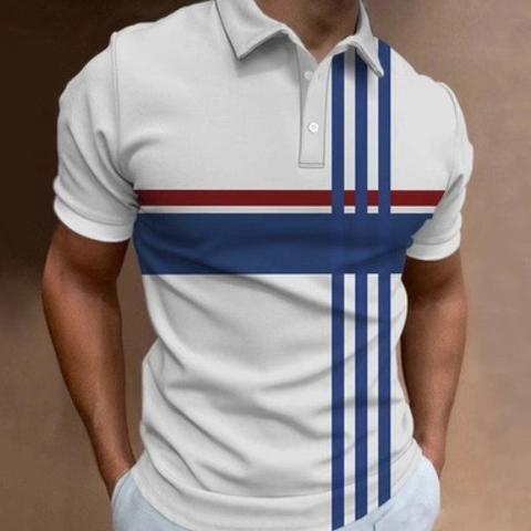 Herren 3D Digitaldruck Kurzarm Polohemd Kontrastfarben Gestreift Revers Lässig Top Sommer Atmungsaktiv Golfshirt