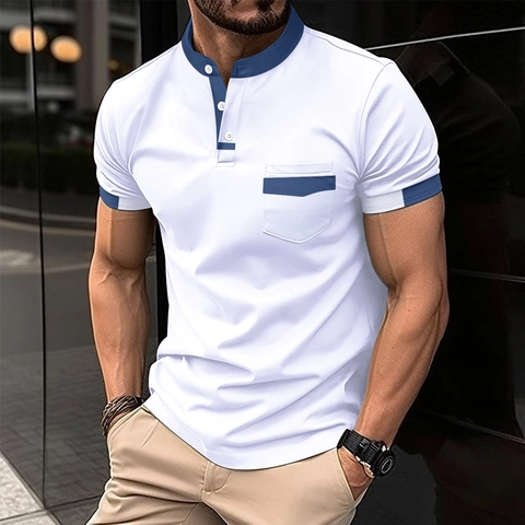 Herren Casual Kurzarm Polo Shirt Kontrastfarben Patchwork Henley Ausschnitt Atmungsaktiv Sommer Top Urban Fashion Herrenbekleidung