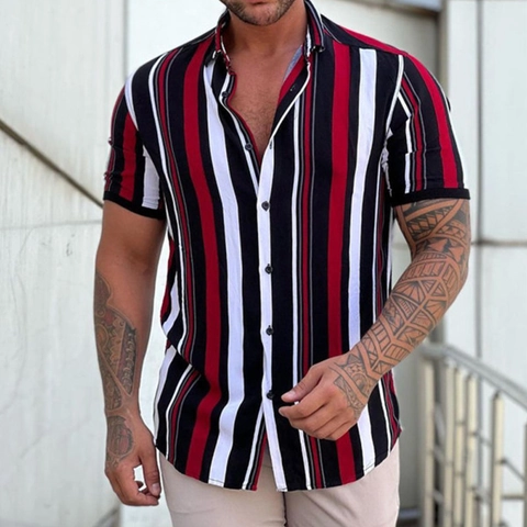 Camicia da Uomo Casual a Strisce Verticali a Maniche Corte Taglio Comodo con Revers Streetwear Top Leggero
