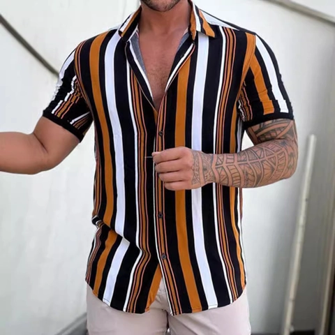 Camicia da Uomo Casual a Strisce Verticali a Maniche Corte Taglio Comodo con Revers Streetwear Top Leggero