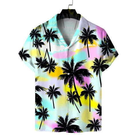 Men's Casual Hawaiian Short Sleeve Shirt Tropical Palm Tree Floral Print Button Down Beach Vacation Lightweight Top