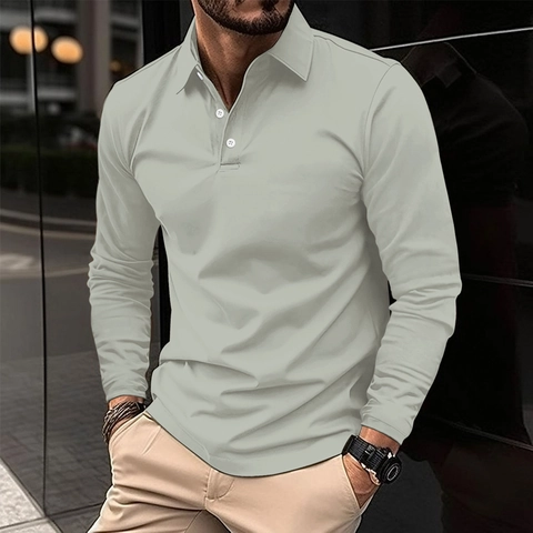 Herren Langarm Polo Shirt Polyester Einfarbig Lässig Smart Business Reverskragen Knopf Sport Polo Für Herren