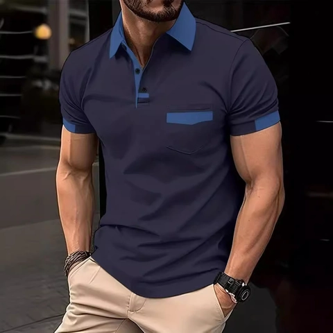 Polo de Manga Corta en Color de Contraste para Hombre Mezcla de Algodón Transpirable con Bolsillo para Verano Business Casual