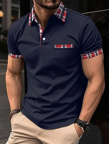 Herren Casual Kurzarm Polo Hemd Plaid Patchwork Tasche Slim Fit Sommer Sport Golf Top Basic Mode Polo Shirt