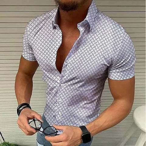 Chemise Décontractée à Manches Courtes pour Hommes Imprimé Géométrique Carreaux Coupe Cintrée Col Revers pour Vacances d'Été à la Plage