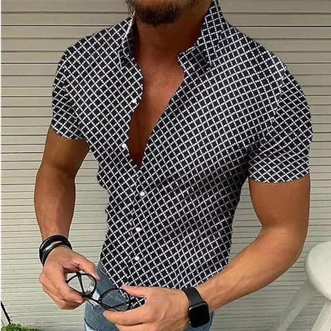 Chemise Décontractée à Manches Courtes pour Hommes Imprimé Géométrique Carreaux Coupe Cintrée Col Revers pour Vacances d'Été à la Plage