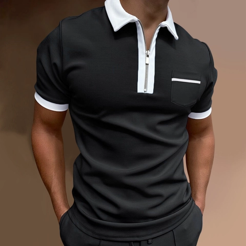 Ανδρικό Business Casual Μπλουζάκι Polo Κοντομάνικο Με Πατιλέτα με Φερμουάρ Πολυεστέρας Slim Fit Color Block Τσέπη Στήθους