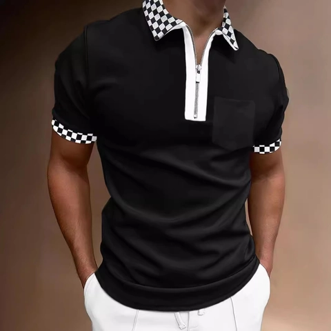 Herren Casual Kurzarm Polo Hemd Mit Reißverschluss Kragen Patchwork Geometrisches Muster Polyester Sommer Top