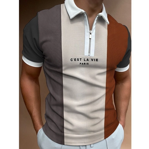 Herren Casual Kurzarm Polo Hemd Mit Reißverschluss Kragen Patchwork Geometrisches Muster Polyester Sommer Top